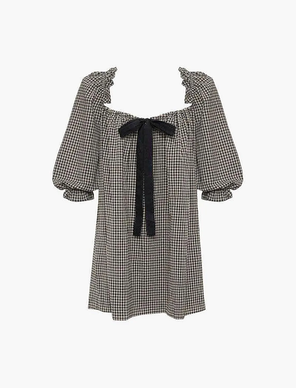 Aesthetic Gingham Bow Dress for Women Babydoll Dresses Short Puff Sleeve Bow Tie Fairy Sundress Party Vacation Outfit