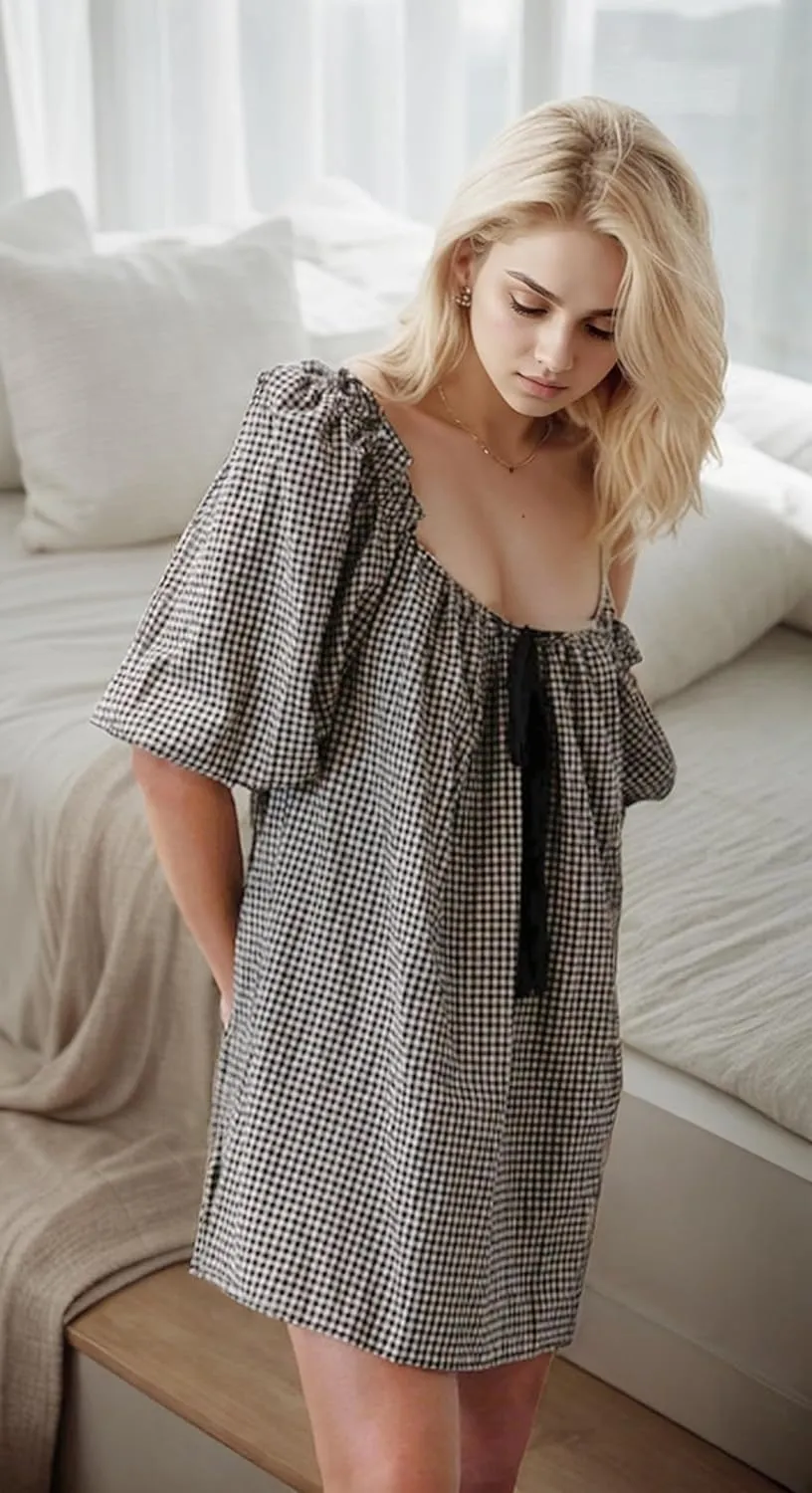 Aesthetic Gingham Bow Dress for Women Babydoll Dresses Short Puff Sleeve Bow Tie Fairy Sundress Party Vacation Outfit