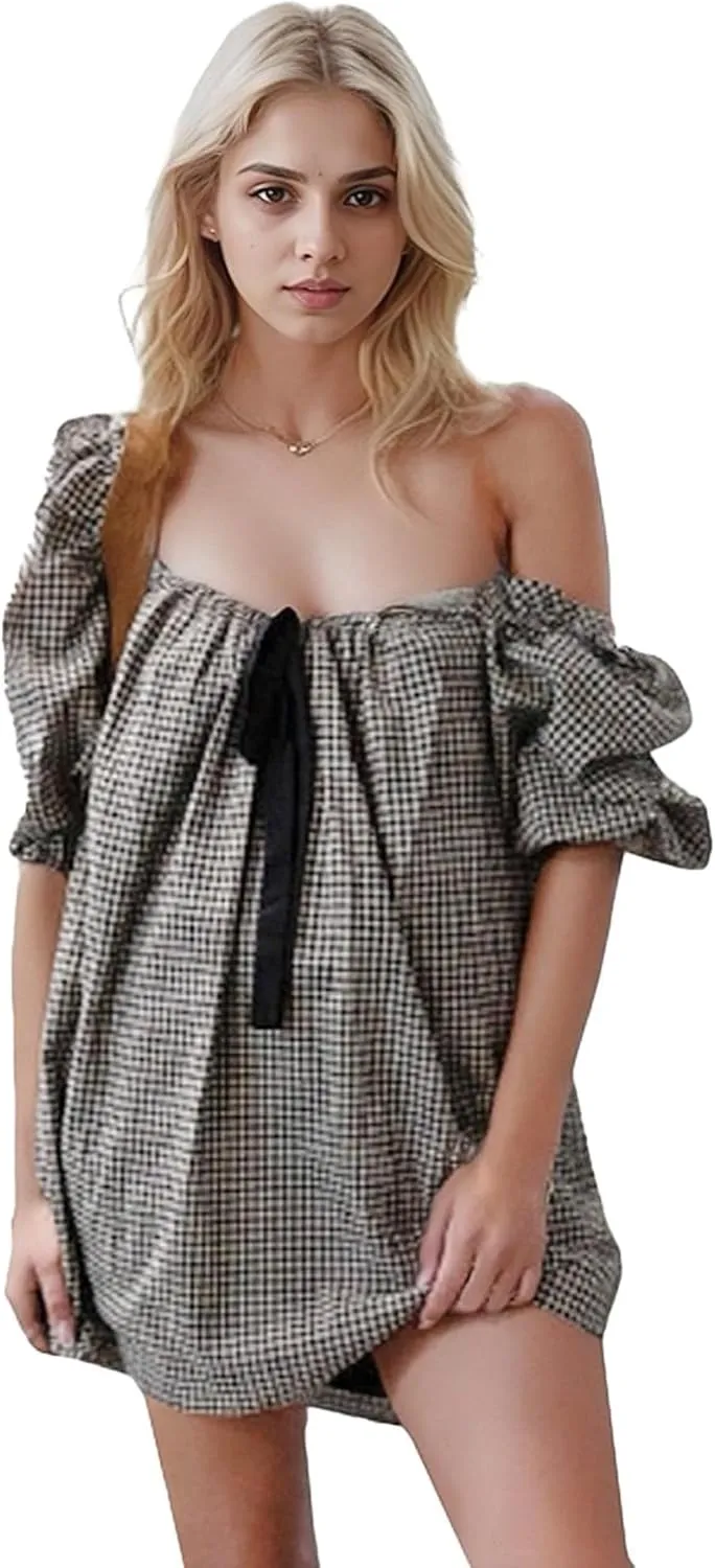 Aesthetic Gingham Bow Dress for Women Babydoll Dresses Short Puff Sleeve Bow Tie Fairy Sundress Party Vacation Outfit