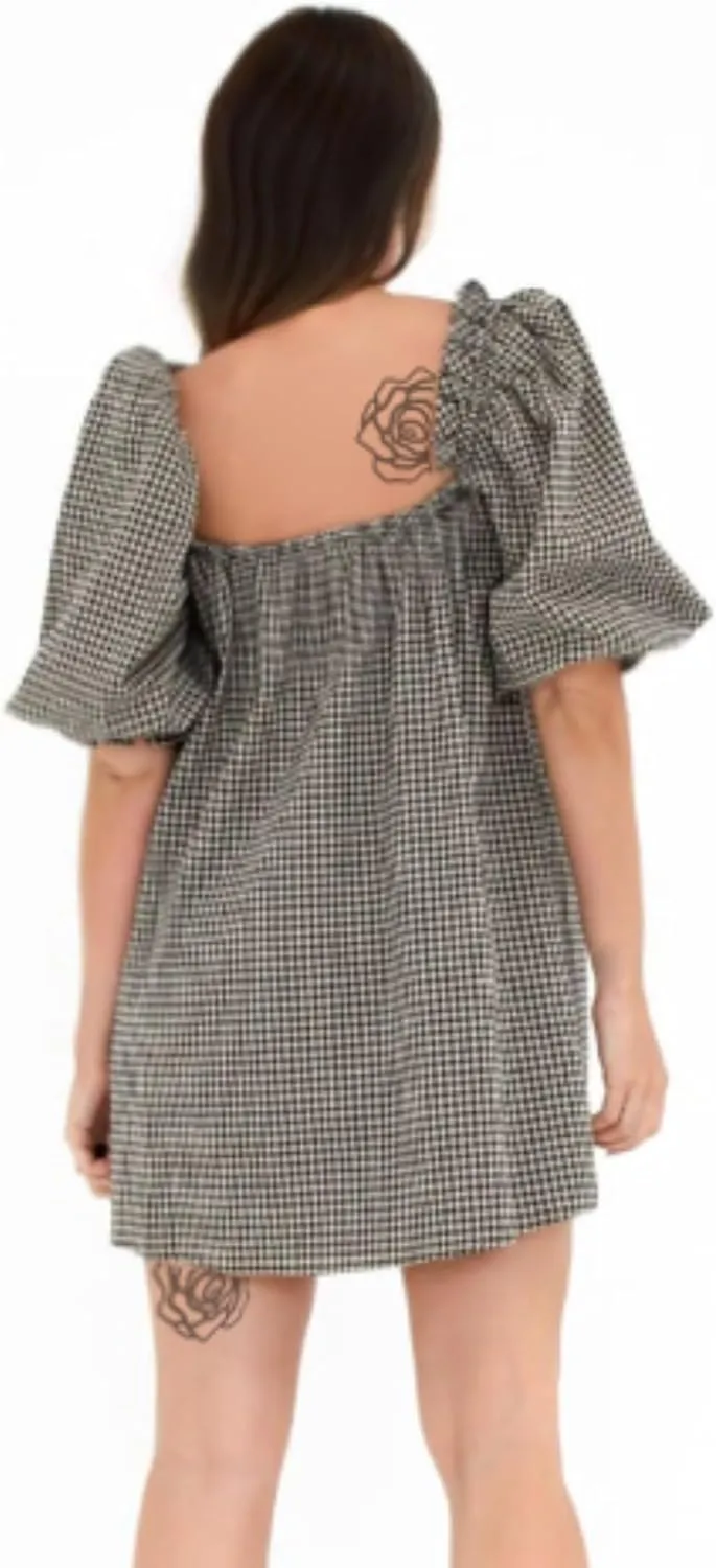 Aesthetic Gingham Bow Dress for Women Babydoll Dresses Short Puff Sleeve Bow Tie Fairy Sundress Party Vacation Outfit