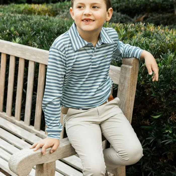 Bailey Boys Harry Long Sleeve Striped Performance Polo -Denim/Green