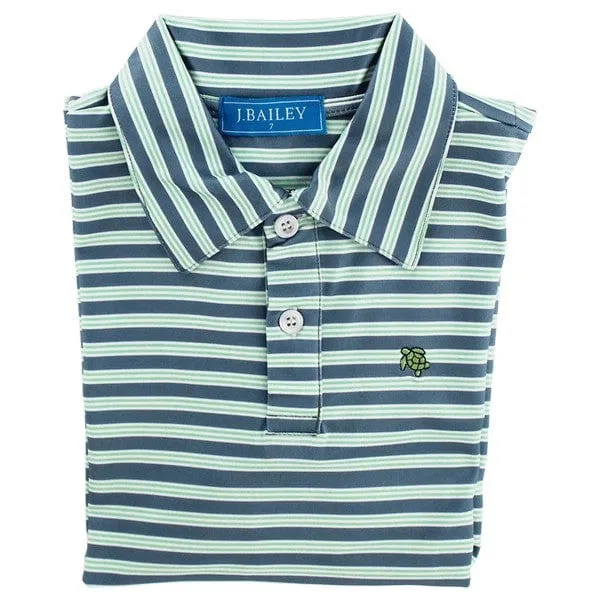Bailey Boys Harry Long Sleeve Striped Performance Polo -Denim/Green