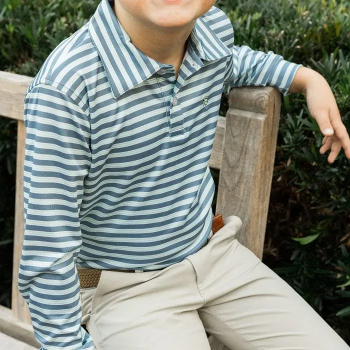 Bailey Boys Harry Long Sleeve Striped Performance Polo -Denim/Green
