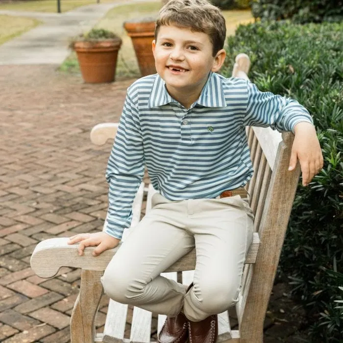 Bailey Boys Harry Long Sleeve Striped Performance Polo -Denim/Green