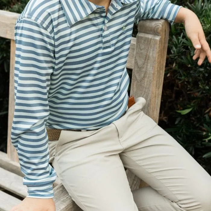 Bailey Boys Harry Long Sleeve Striped Performance Polo -Denim/Green