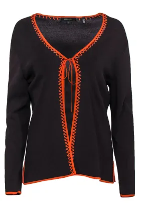 BCBG Max Azria - Brown Tie Front Cardigan w/ Orange Trim Sz L