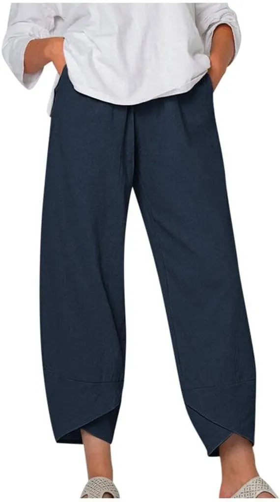 Bengbobar Womens Linen Wide Leg Pants Elastic High Waist Palazzo Pants Business Casual Loose Trousers with Pocket
