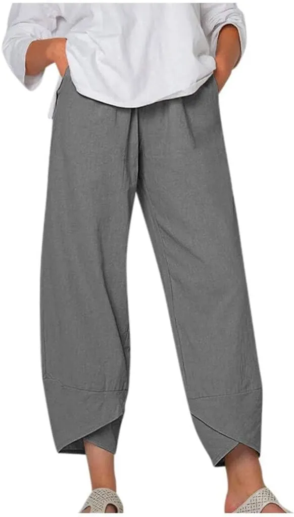 Bengbobar Womens Linen Wide Leg Pants Elastic High Waist Palazzo Pants Business Casual Loose Trousers with Pocket