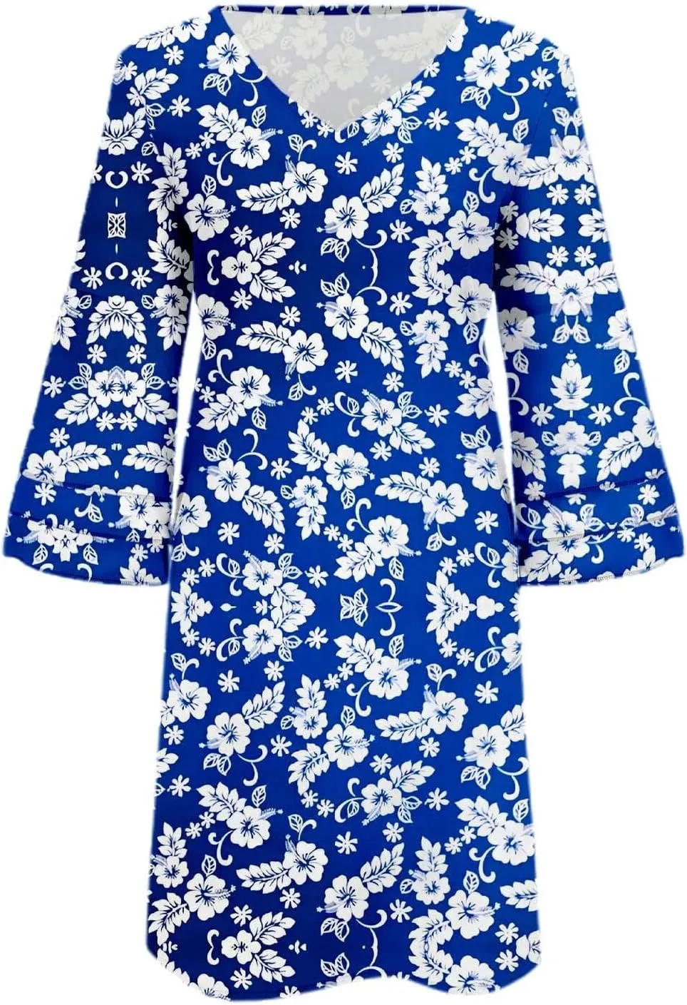 Boho Floral Mini Dress for Women | V Neck 3/4 Bell Sleeve Summer Dress, Flowy Loose Beach Dresses with Casual Chic Style