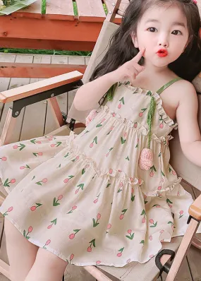 Chic Green Print Ruffled Patchwork Cotton Baby Girls Sundress Sleeveless LY6396
