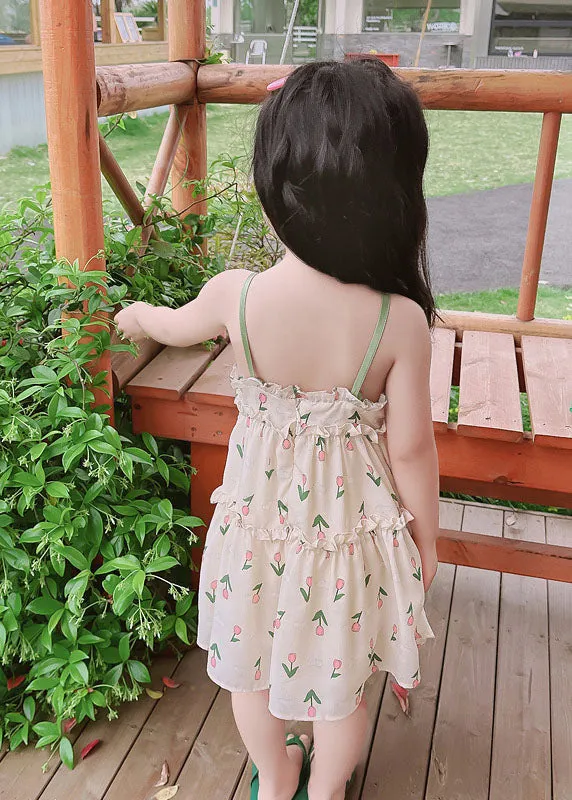 Chic Green Print Ruffled Patchwork Cotton Baby Girls Sundress Sleeveless LY6396