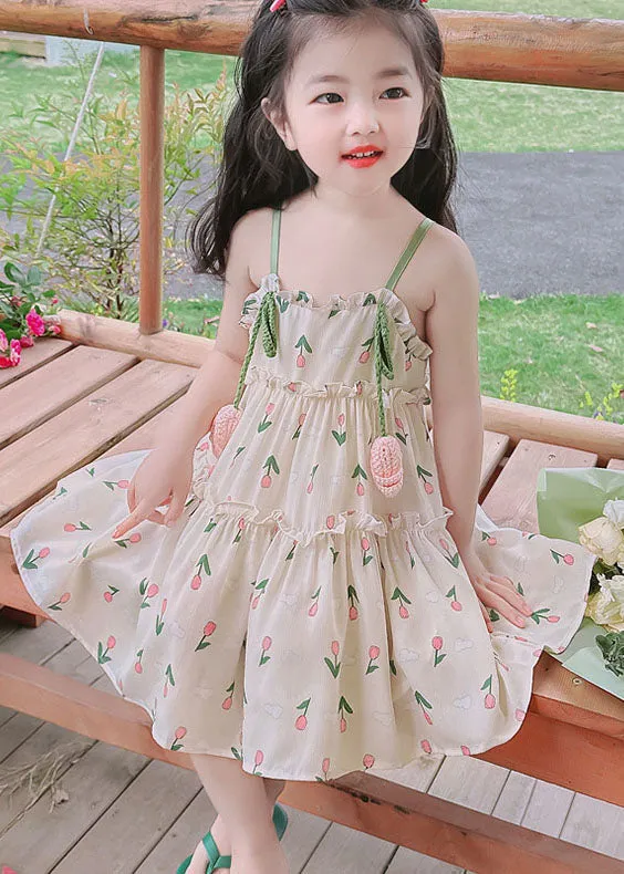 Chic Green Print Ruffled Patchwork Cotton Baby Girls Sundress Sleeveless LY6396