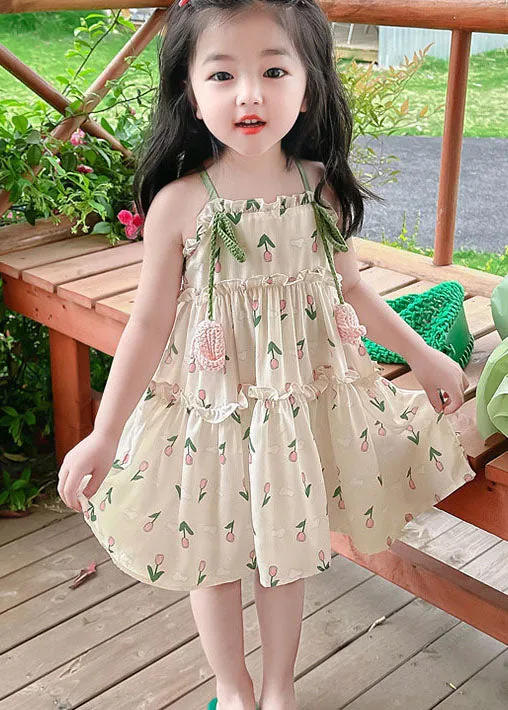 Chic Green Print Ruffled Patchwork Cotton Baby Girls Sundress Sleeveless LY6396