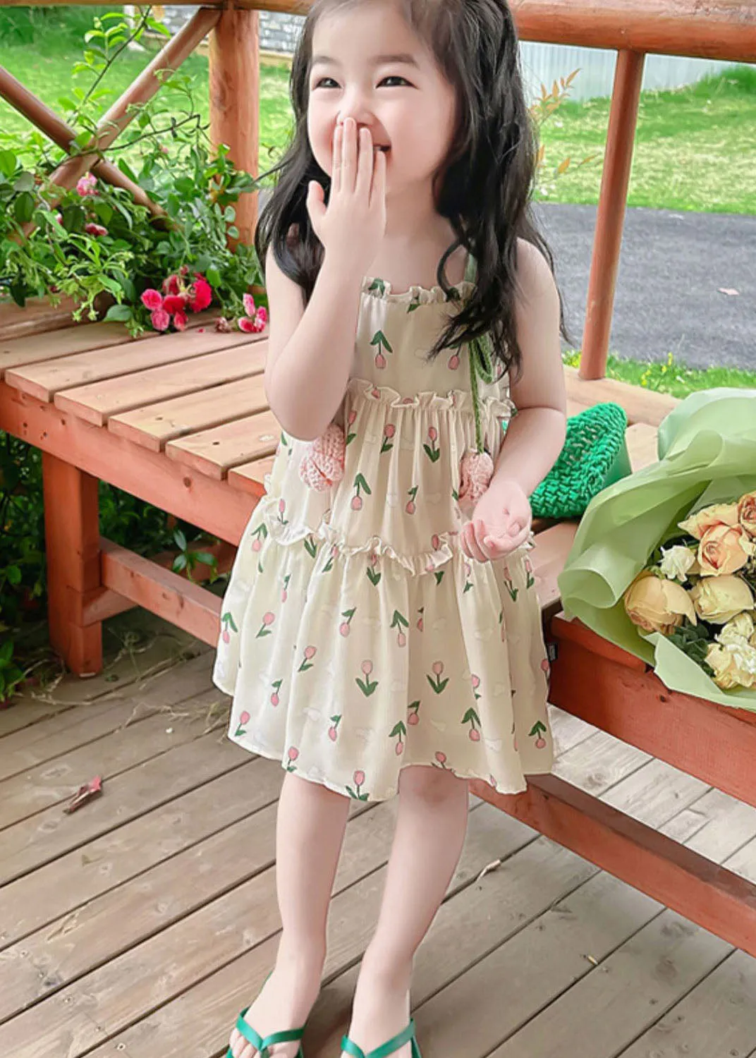 Chic Green Print Ruffled Patchwork Cotton Baby Girls Sundress Sleeveless LY6396