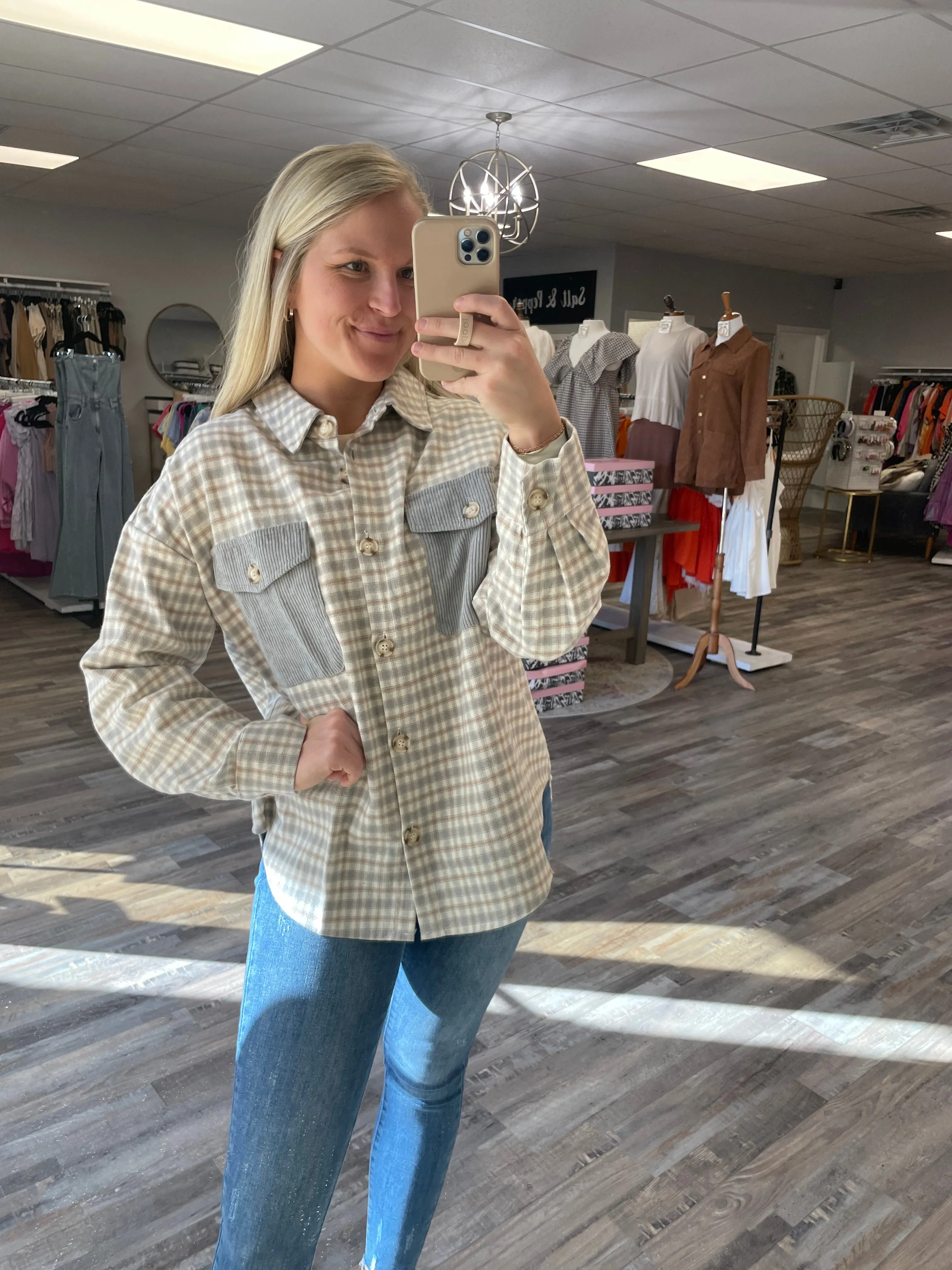 Contrast Plaid Shacket - Grey Multi