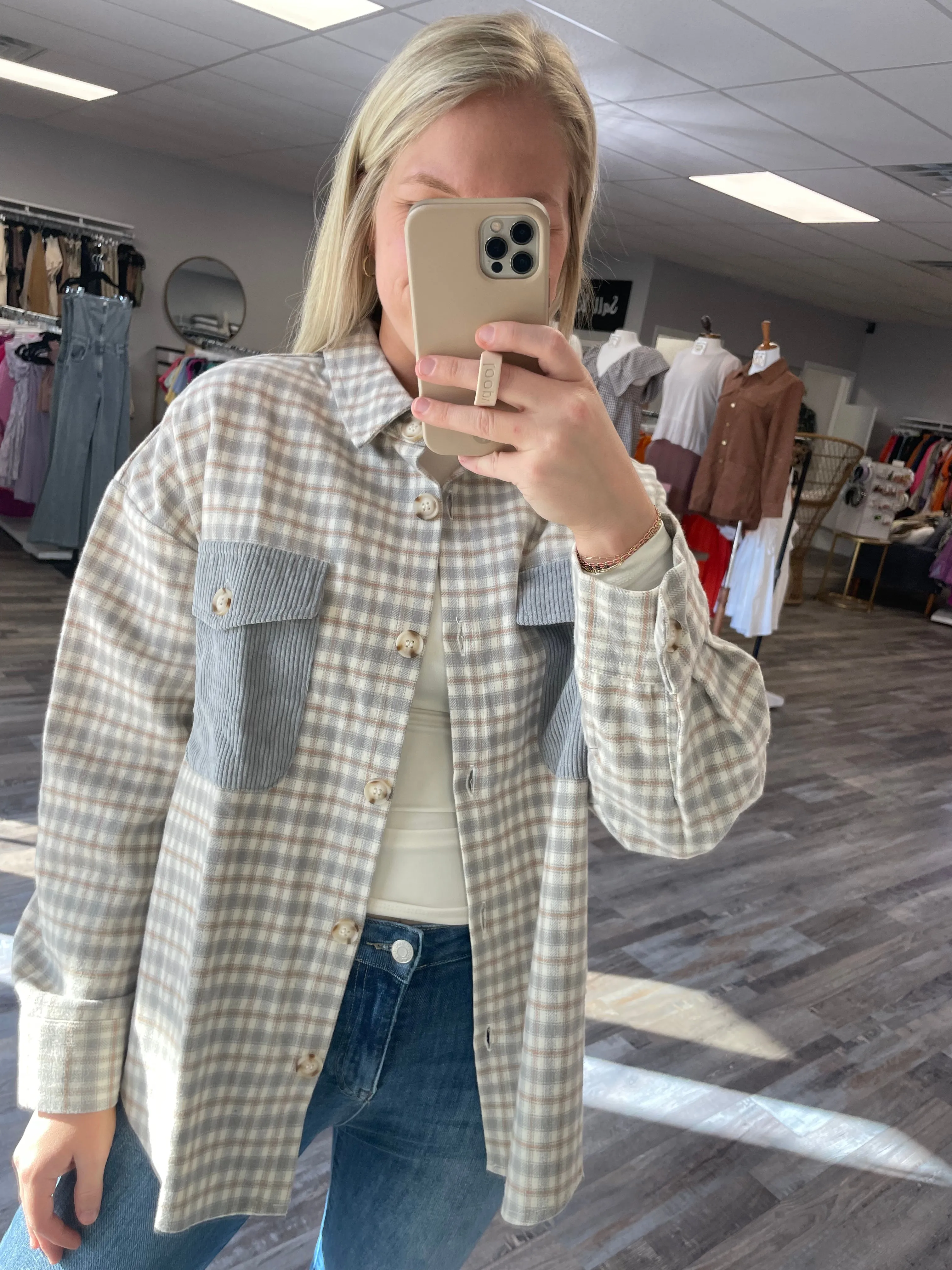 Contrast Plaid Shacket - Grey Multi