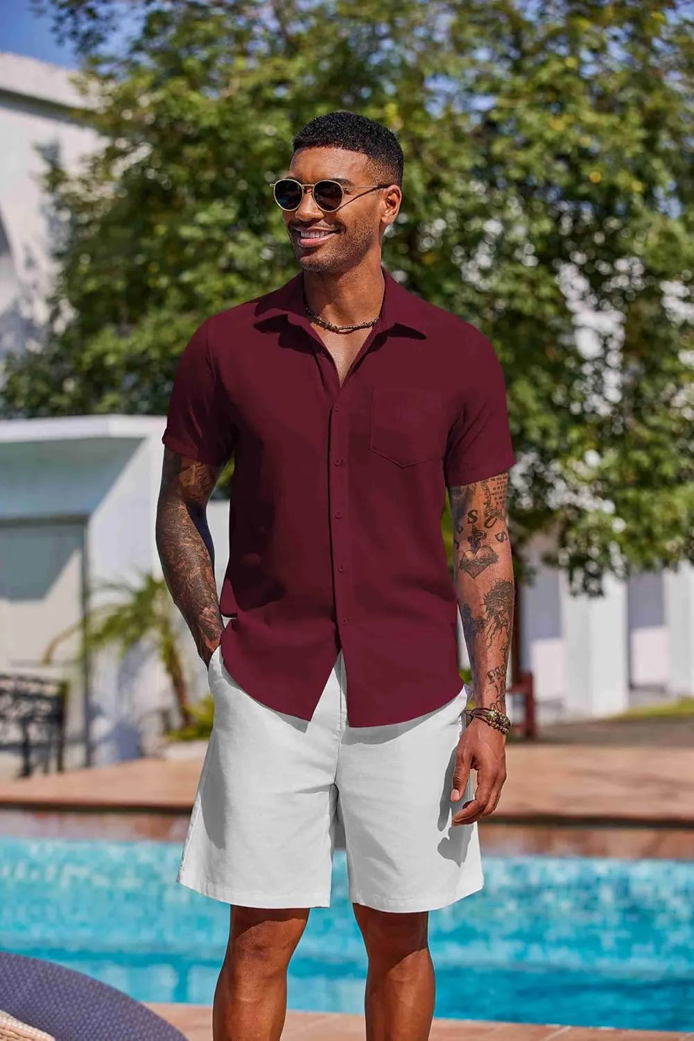 COOFANDY Men's Button Down Shirts Short Sleeve Casual Summer Shirts Beach Wedding Shirt with Pocket