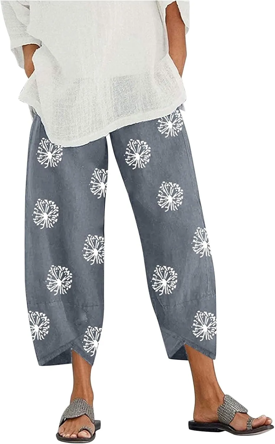 Cotton Linen Capri Pants for Women 2025 Casual Printed Cropped Palazzo Pants Elastic Waist Lounge Baggy Trousers