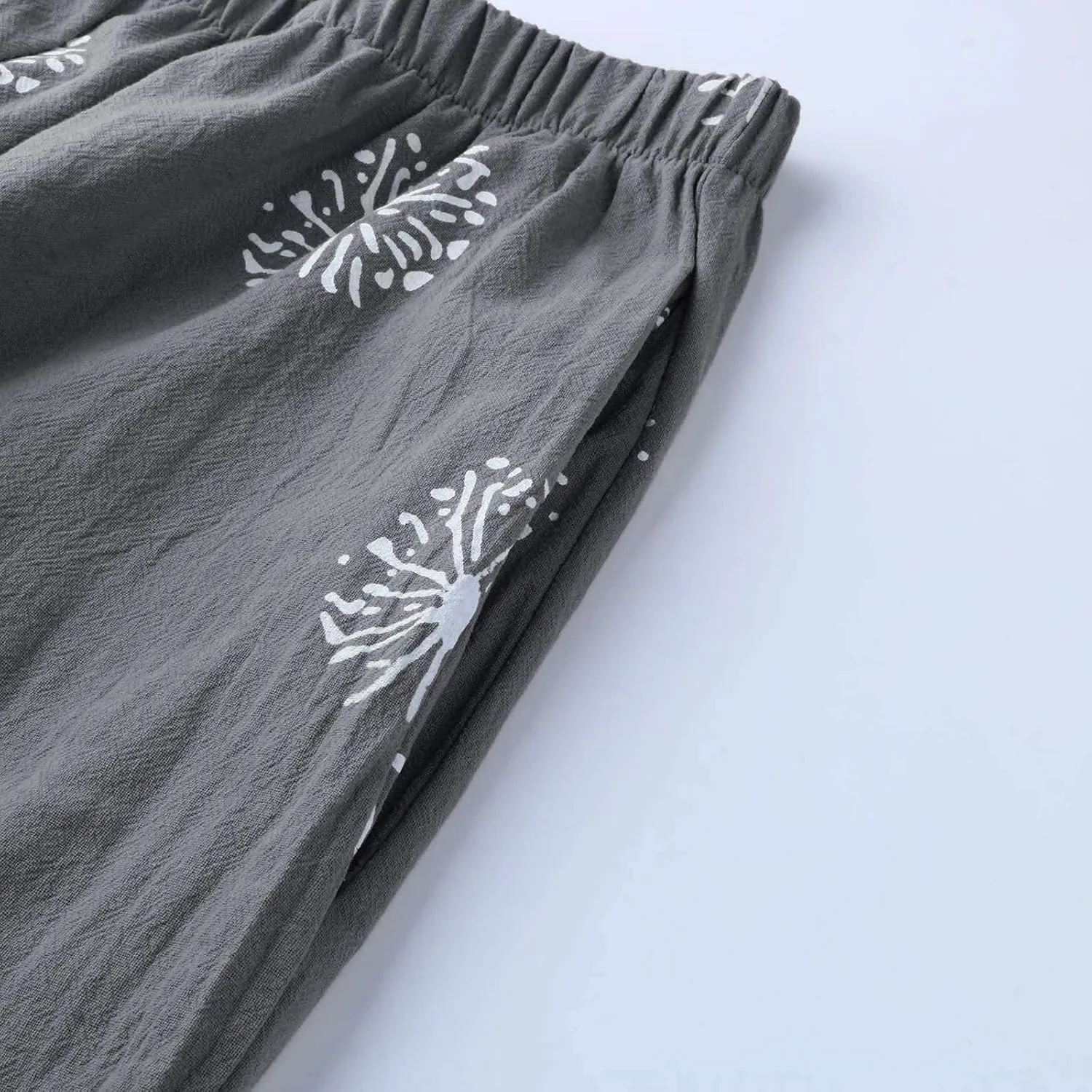 Cotton Linen Capri Pants for Women 2025 Casual Printed Cropped Palazzo Pants Elastic Waist Lounge Baggy Trousers
