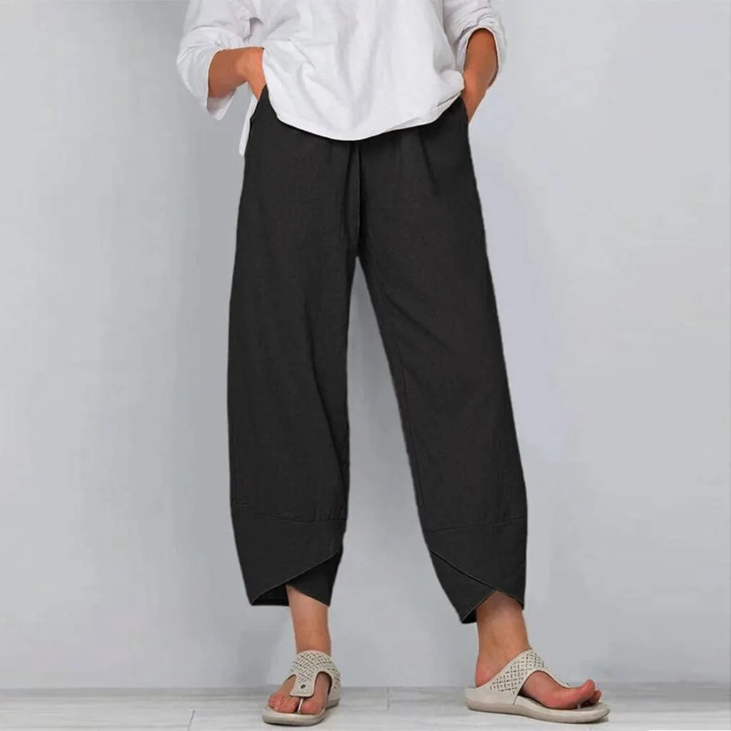 Cotton Linen Capri Pants for Women 2025 Casual Printed Cropped Palazzo Pants Elastic Waist Lounge Baggy Trousers
