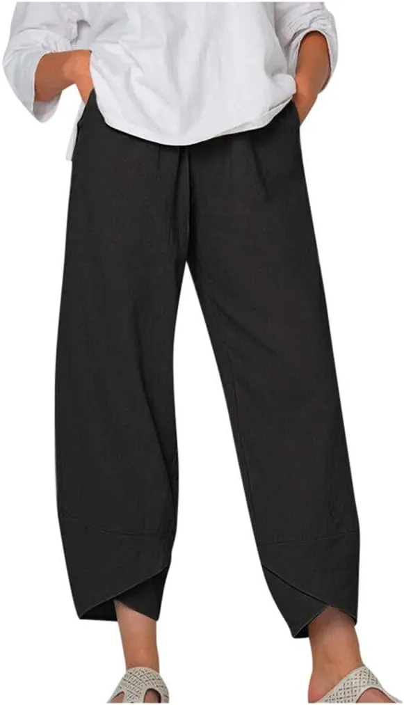 Cotton Linen Capri Pants for Women 2025 Casual Printed Cropped Palazzo Pants Elastic Waist Lounge Baggy Trousers