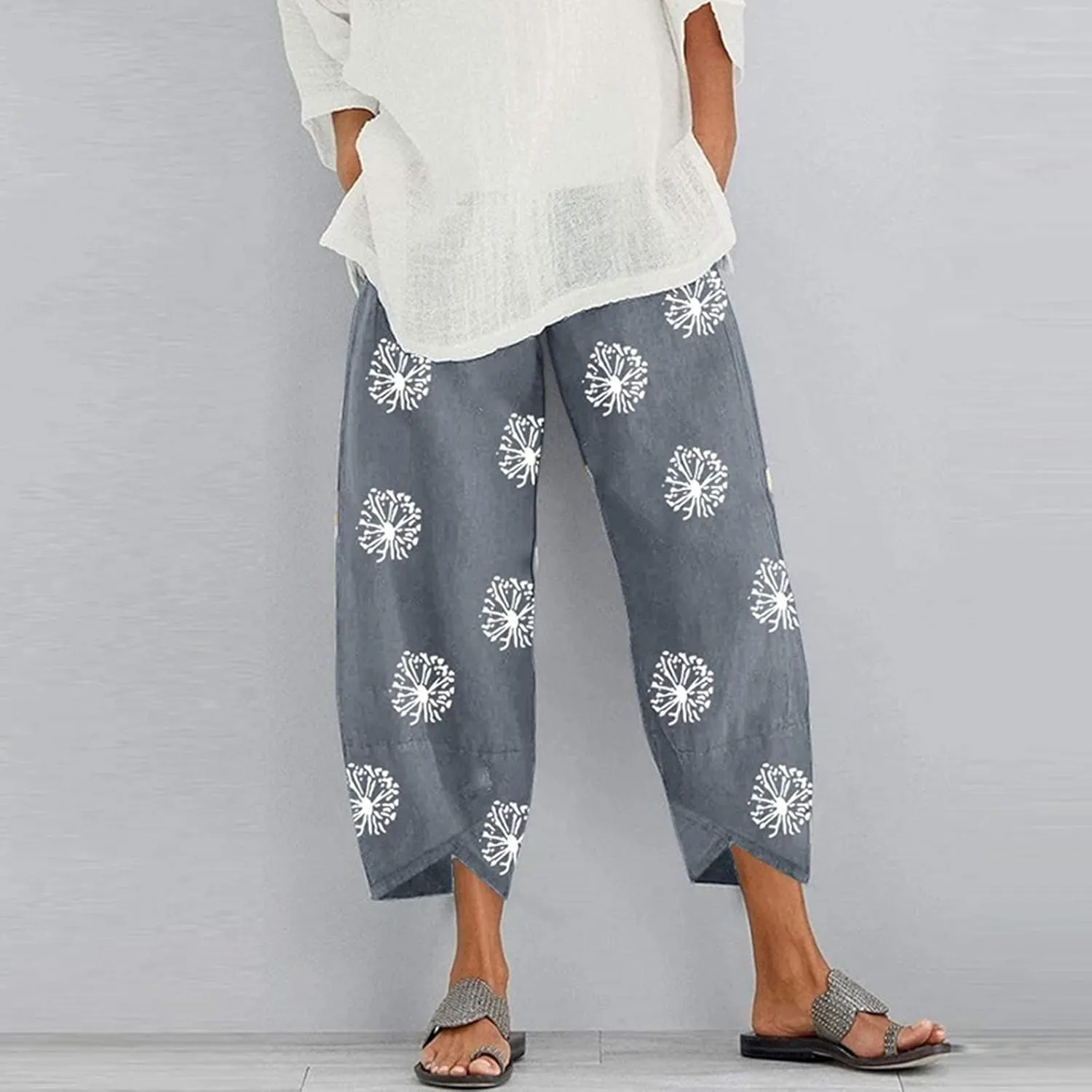 Cotton Linen Capri Pants for Women 2025 Casual Printed Cropped Palazzo Pants Elastic Waist Lounge Baggy Trousers