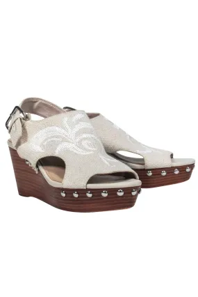 Donald J Pliner - Beige Open Toe Wedges w/ Sequin Design & Studs Sz 8.5