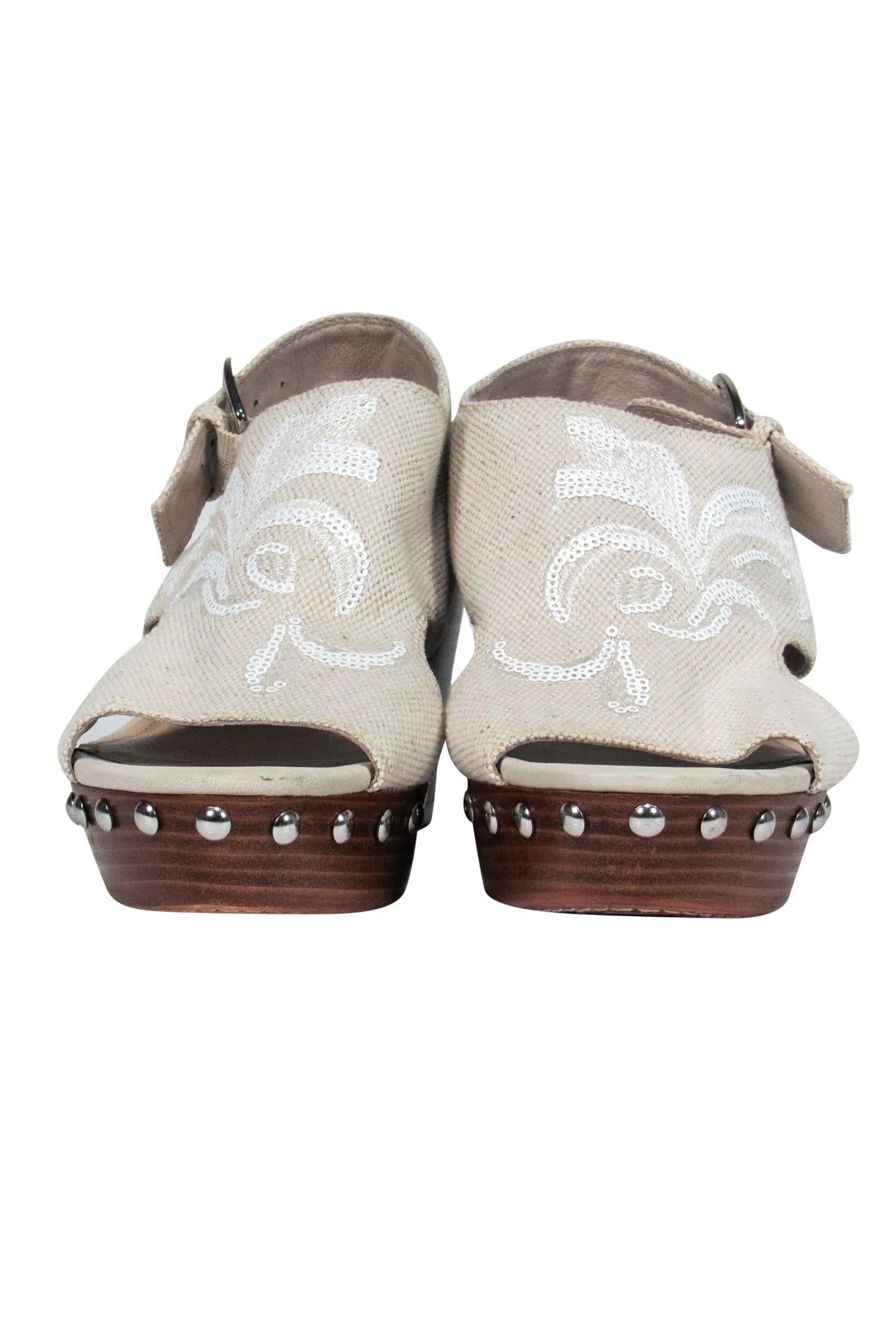 Donald J Pliner - Beige Open Toe Wedges w/ Sequin Design & Studs Sz 8.5