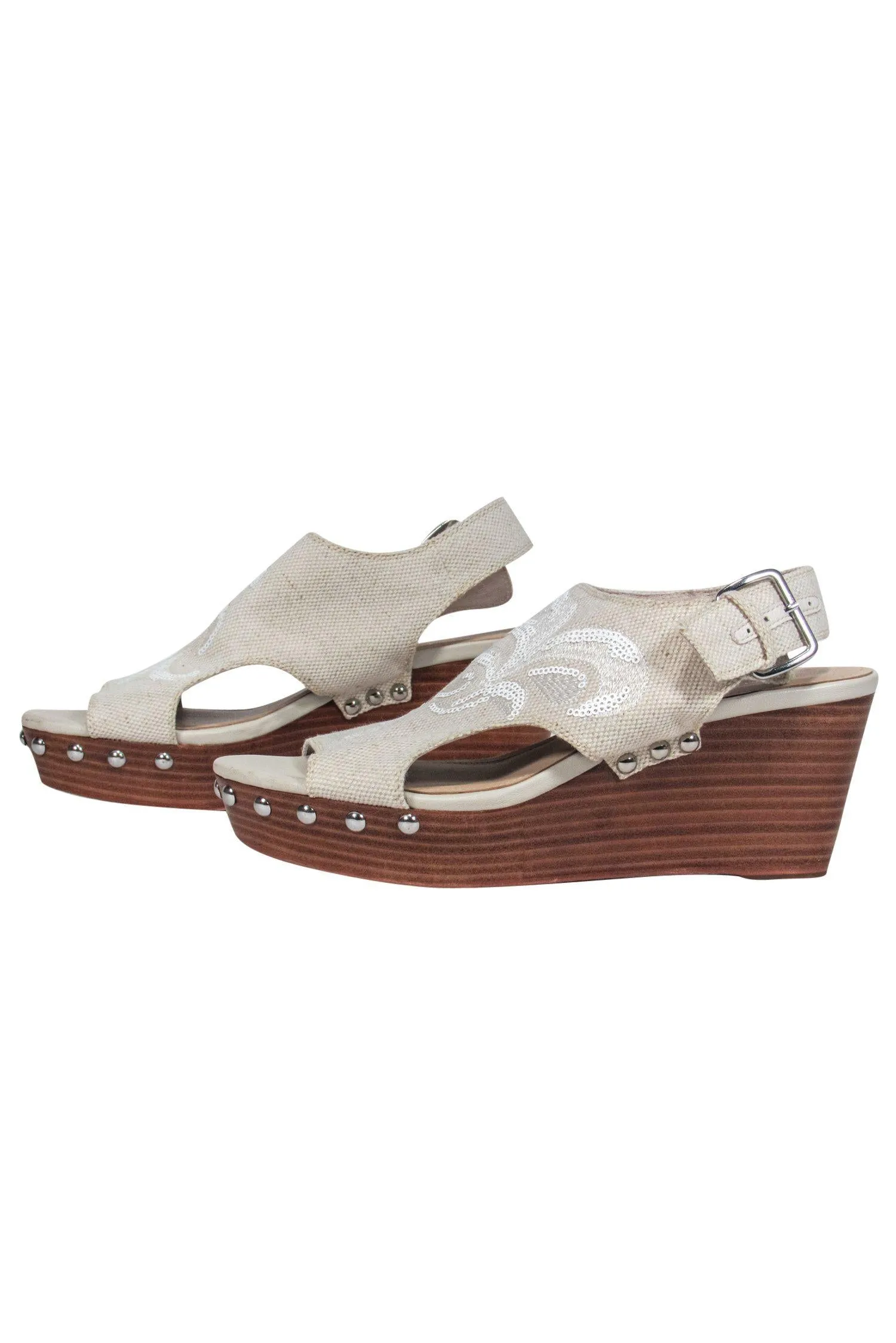 Donald J Pliner - Beige Open Toe Wedges w/ Sequin Design & Studs Sz 8.5