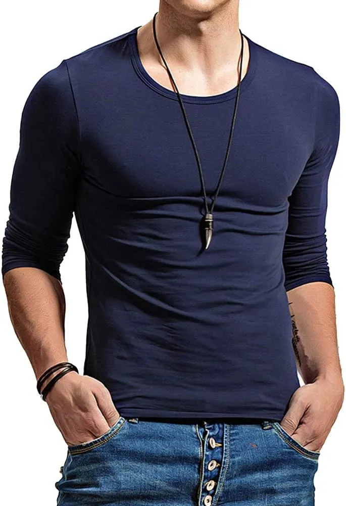 Fitting Men Soft Stretchy Long Sleeves Athletic Muscle Cotton T Shirt