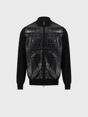 Full-Zip Sweater in Cashmere and Silk Crocodile Panel Black
