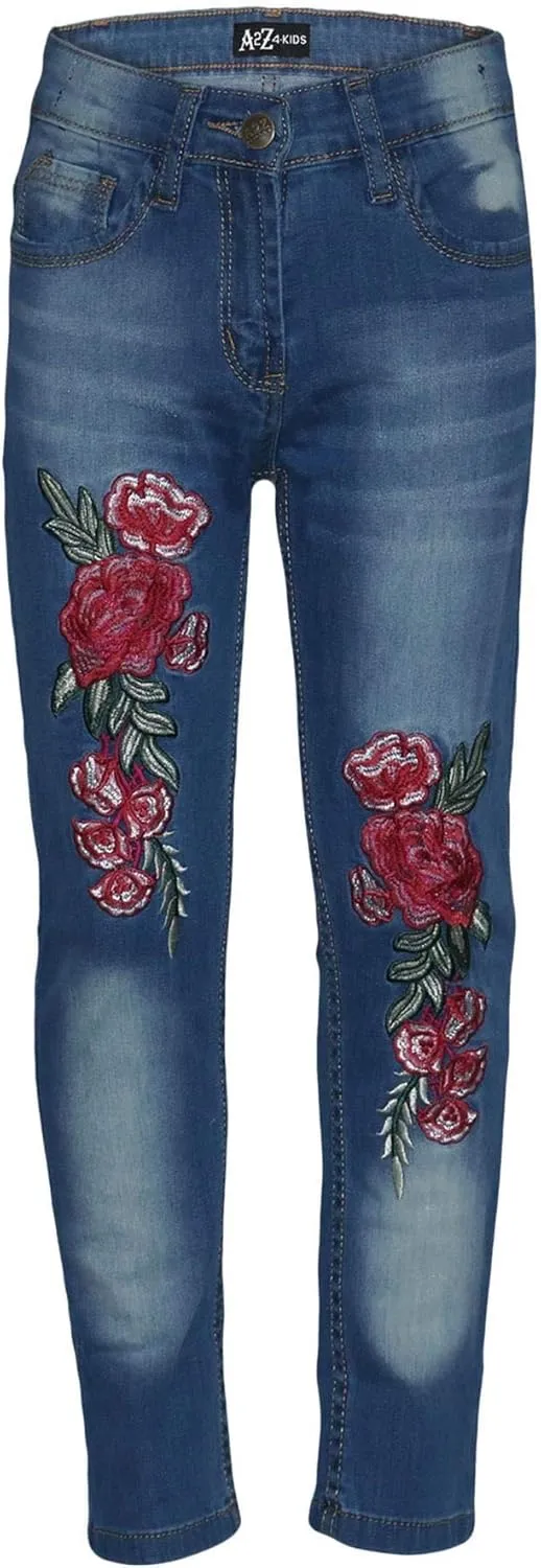 Girls Jeans Stretchy Roses Embroidered Denim Pants - Girls Jeans JN26 Mid Blue 3-4
