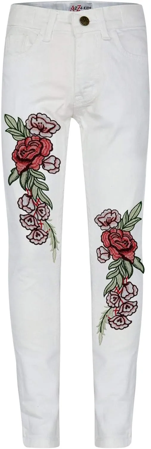 Girls Jeans Stretchy Roses Embroidered Denim Pants - Girls Jeans JN26 White 3-4