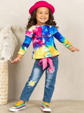 Girls Tie Dye Ruffle Top and Patched Jeans Set