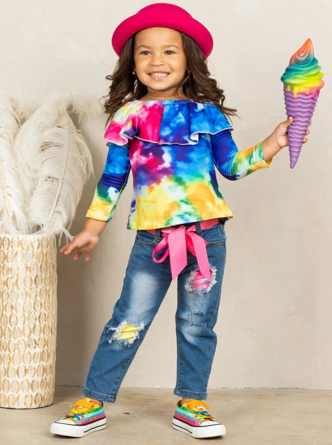 Girls Tie Dye Ruffle Top and Patched Jeans Set