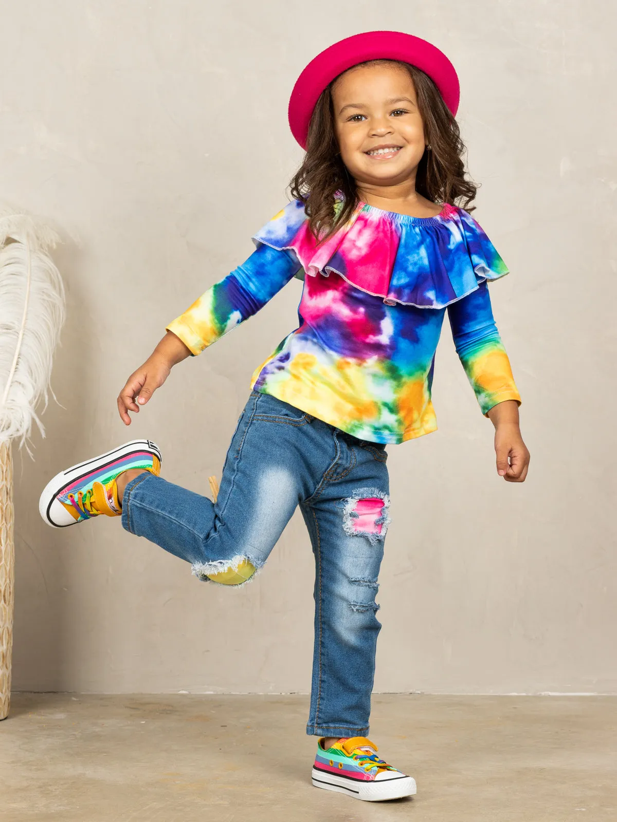 Girls Tie Dye Ruffle Top and Patched Jeans Set
