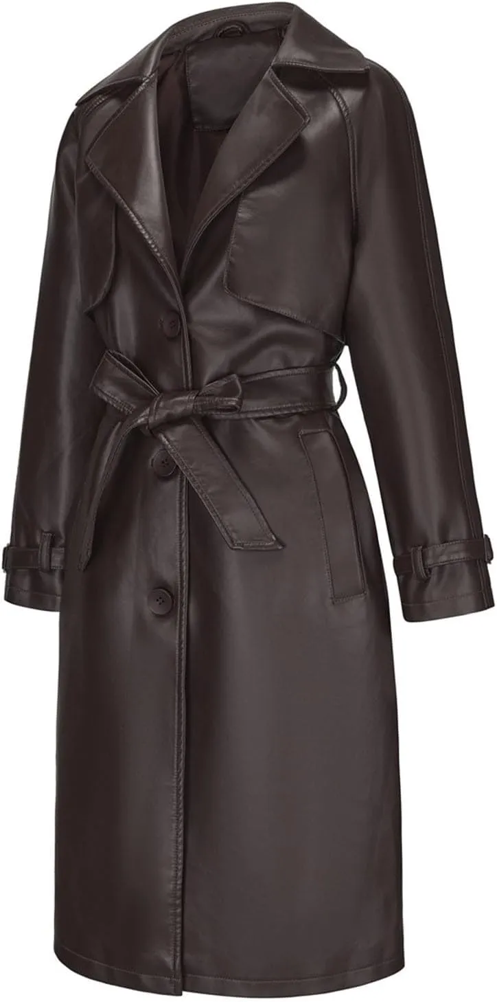 HGps8w Women's Long Faux Leather Coat with Belt, Classic Notched Lapel Casual PU Moto Bike Jacket Outwear with Pockets