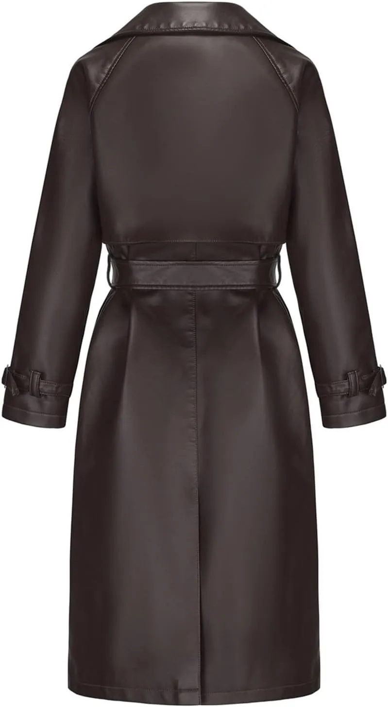 HGps8w Women's Long Faux Leather Coat with Belt, Classic Notched Lapel Casual PU Moto Bike Jacket Outwear with Pockets