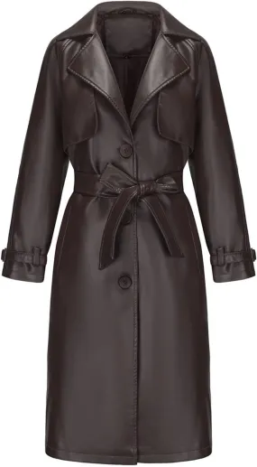 HGps8w Women's Long Faux Leather Coat with Belt, Classic Notched Lapel Casual PU Moto Bike Jacket Outwear with Pockets