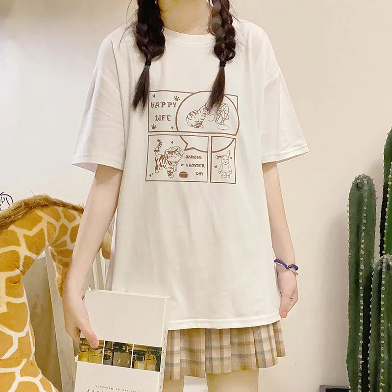 Japanese Soft Girl Style White Cartoon Kitten Print T-shirt