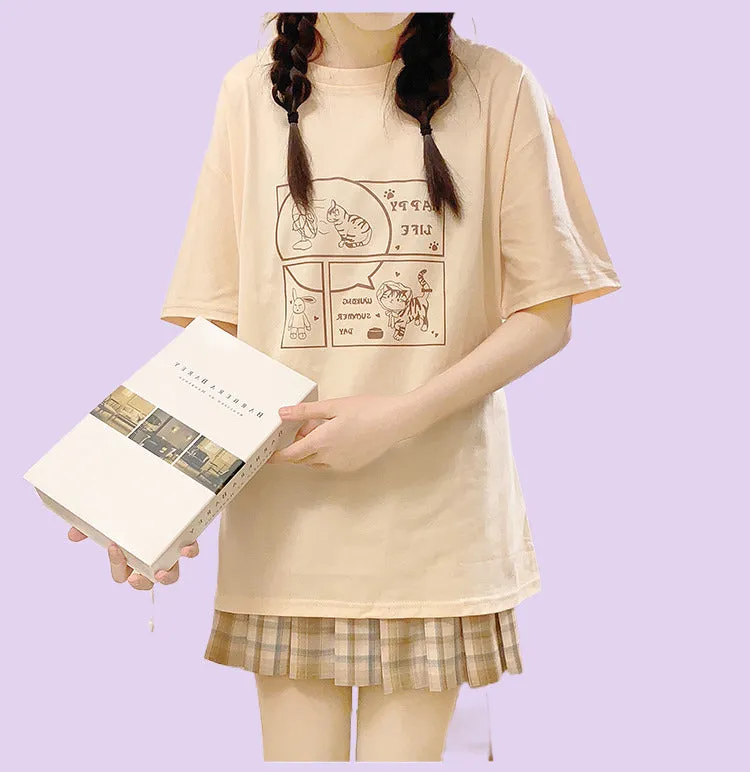 Japanese Soft Girl Style White Cartoon Kitten Print T-shirt