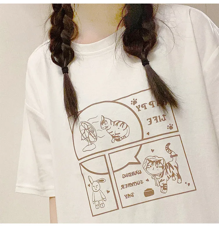 Japanese Soft Girl Style White Cartoon Kitten Print T-shirt