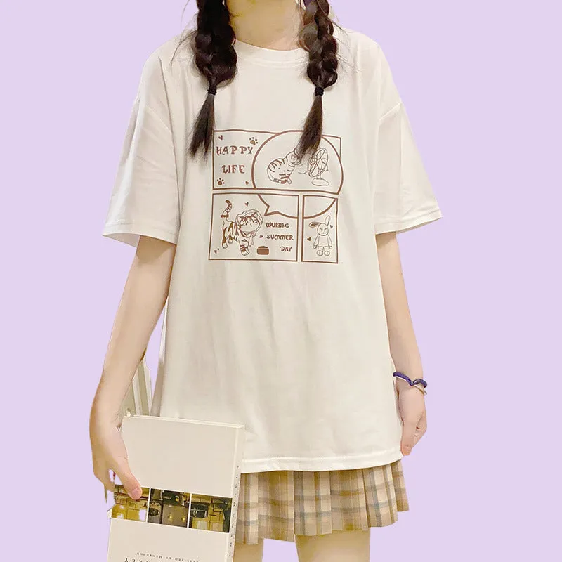 Japanese Soft Girl Style White Cartoon Kitten Print T-shirt