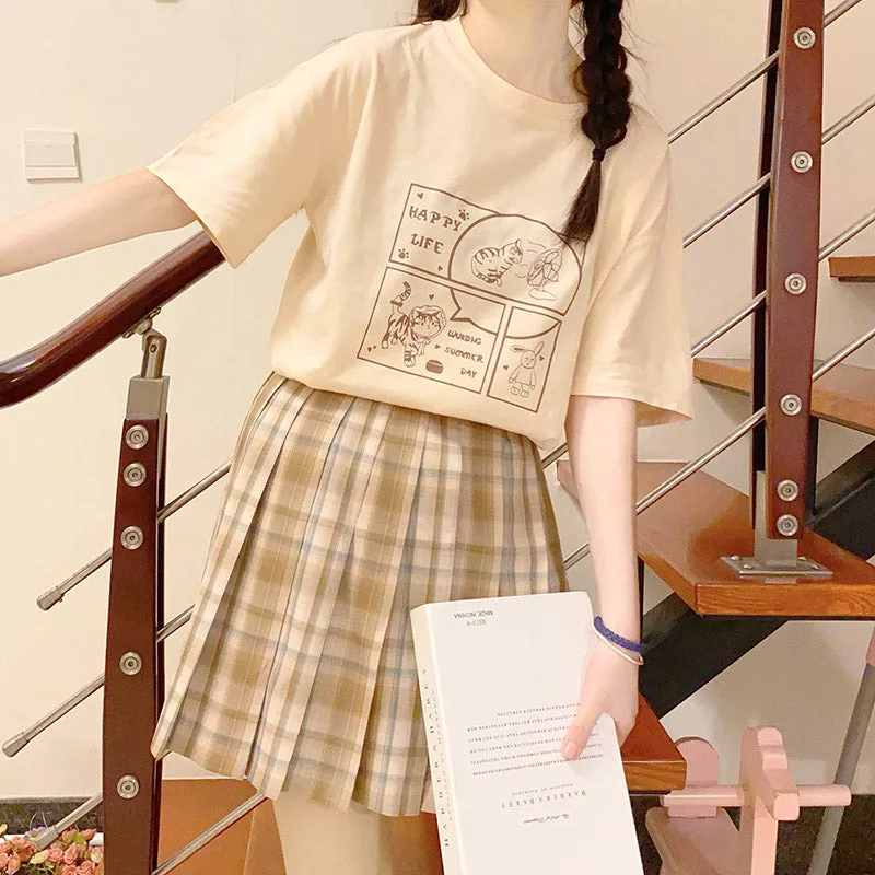 Japanese Soft Girl Style White Cartoon Kitten Print T-shirt