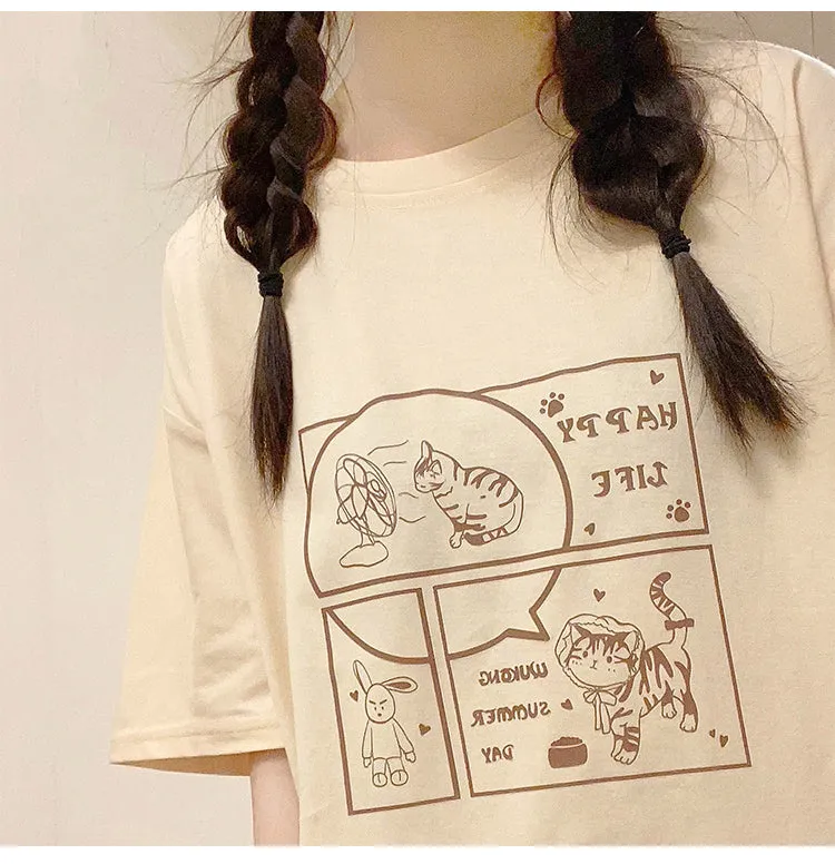 Japanese Soft Girl Style White Cartoon Kitten Print T-shirt
