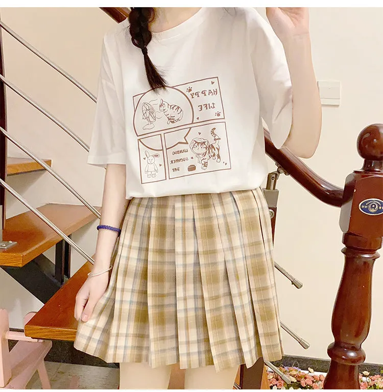 Japanese Soft Girl Style White Cartoon Kitten Print T-shirt