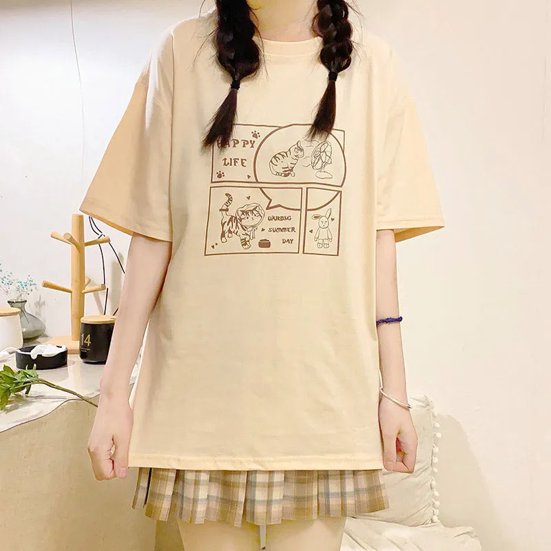 Japanese Soft Girl Style White Cartoon Kitten Print T-shirt