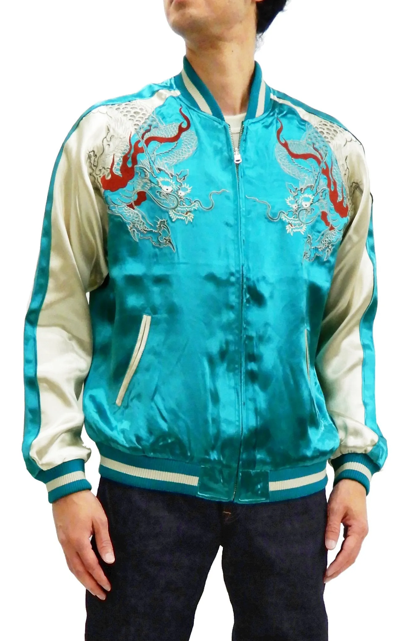 Japanesque Men's Japanese Souvenir Jacket Dragon Embroidered Sukajan 3RSJ-024 Blue-Green/Off