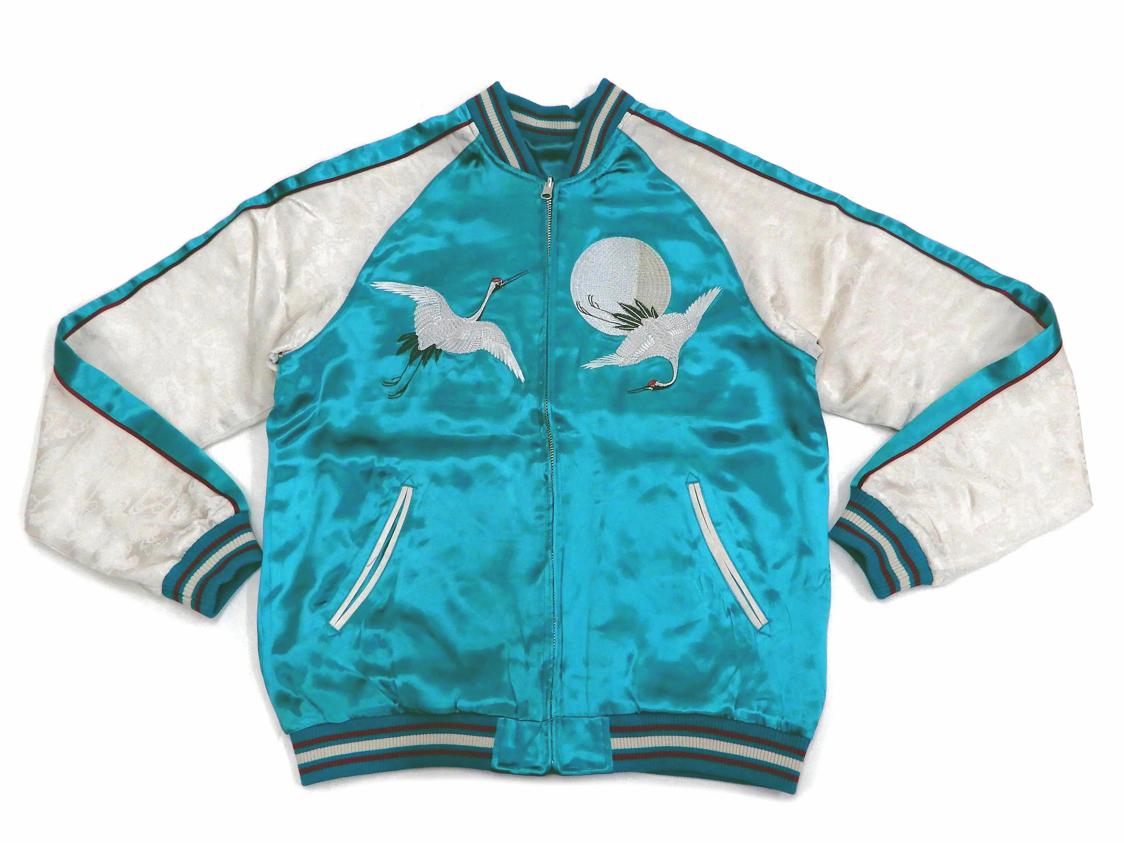 Japanesque Sukajan Jacket Men's Japanese Souvenir Jacket Japanese Crane 3RSJ-752 Blue-Green/Off