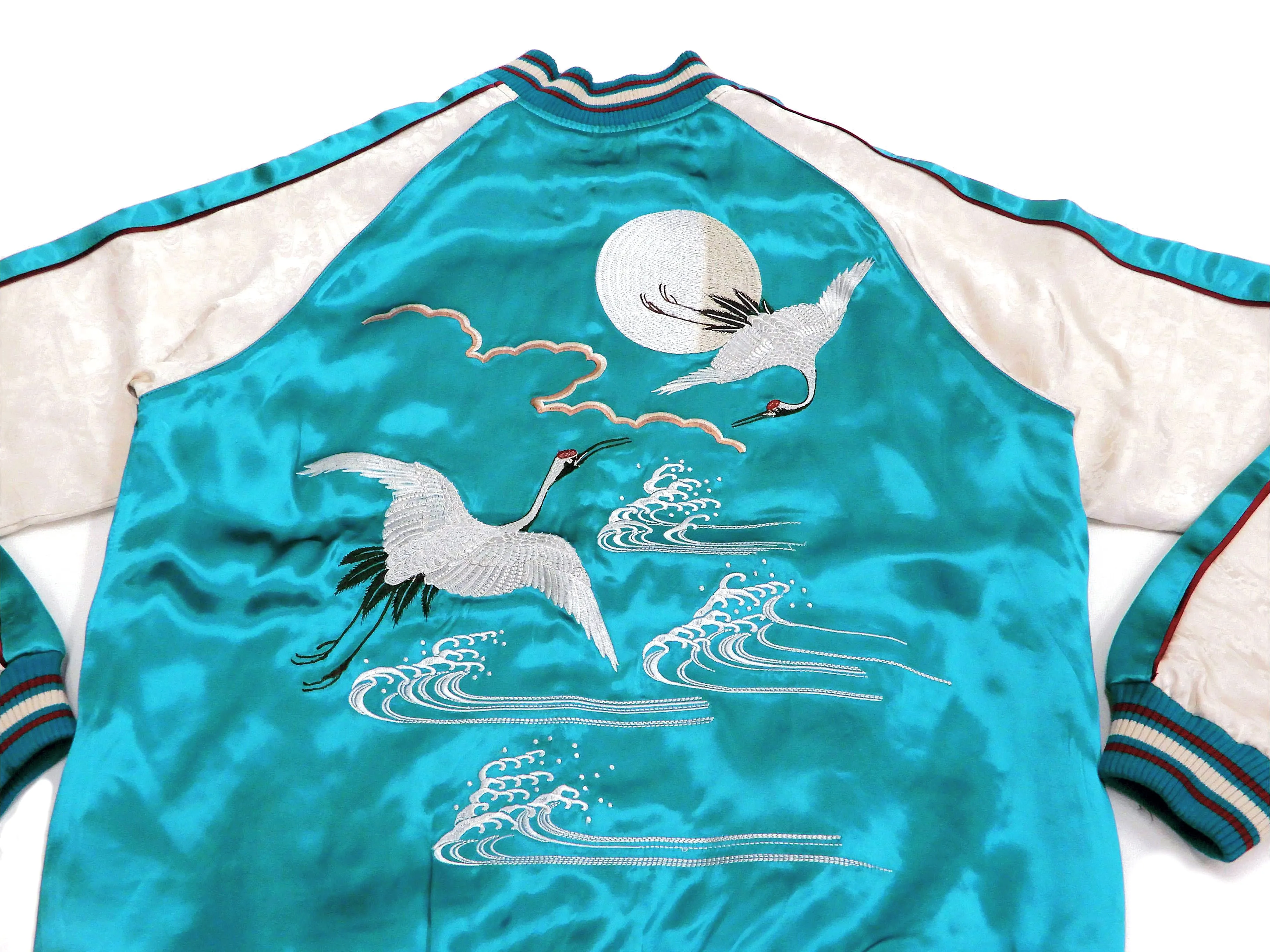 Japanesque Sukajan Jacket Men's Japanese Souvenir Jacket Japanese Crane 3RSJ-752 Blue-Green/Off